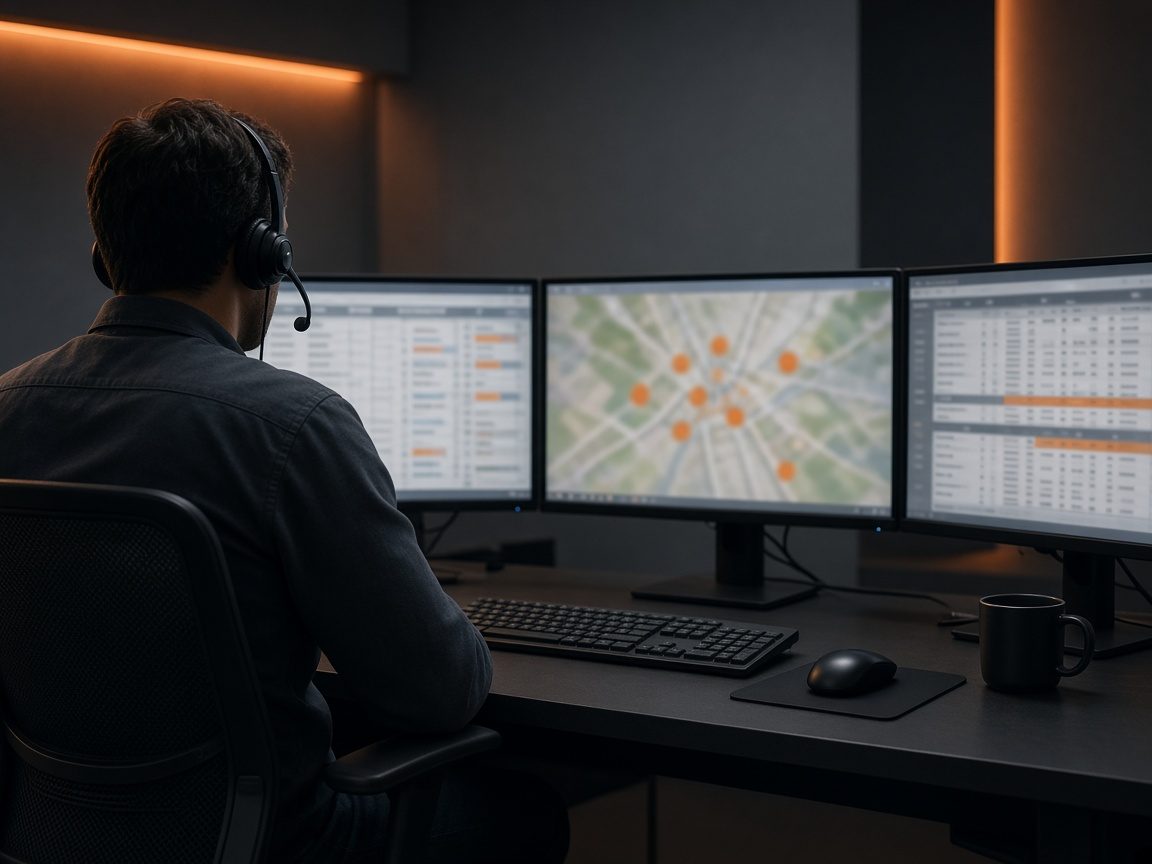 A dispatcher wearing a headset, seen from behind, working at a desk with three monitors showing load boards and a map