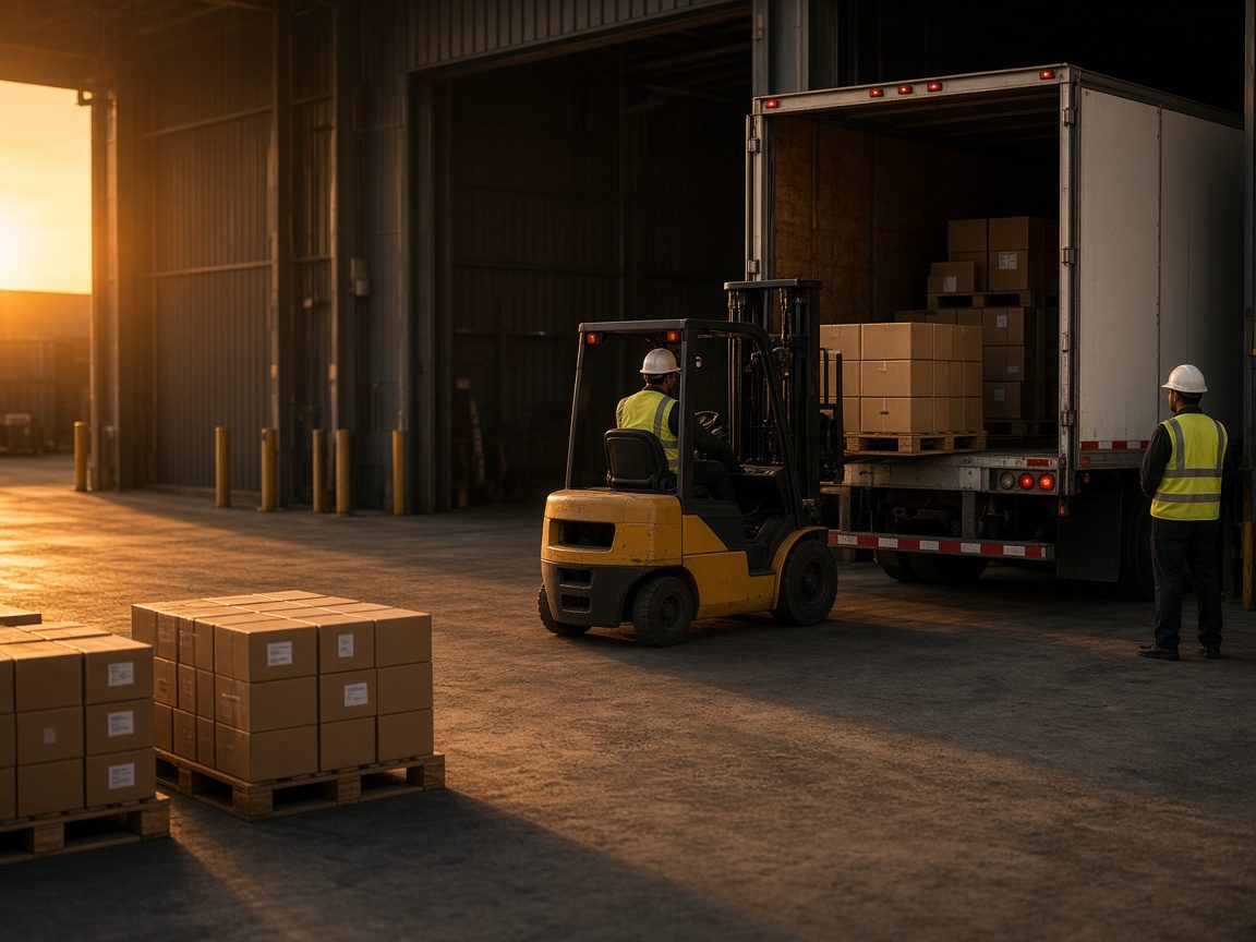 A forklift loading pallets of boxed freight into the open back of a box truck at a warehouse dock in warm evening light
